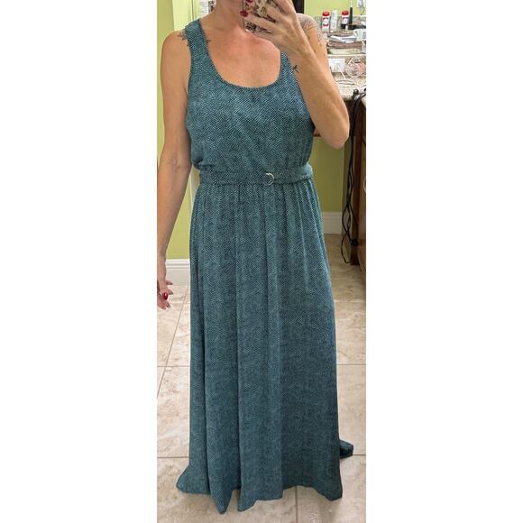 MICHAEL KORS Teal & Black Animal Print Sleeveless Pleated Maxi Dress Tie Waist M - Picture 3 of 7